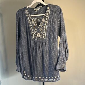 VGUC Tantrum Top Chambray Blue Embroidery Beads Blouse Roll Tab Boho Western XL